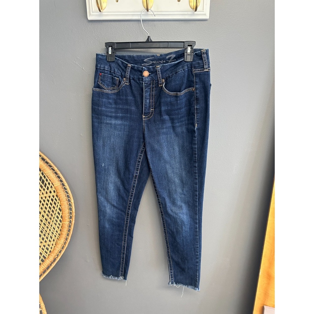 Seven7‎ Jeans Womens Sz 8 Blue Denim Tummyless High Rise Skinny Raw Hem Distress